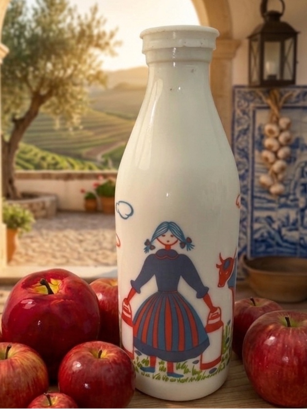 Vintage Portuguese Milk Bottle – Folk Farm Illustration